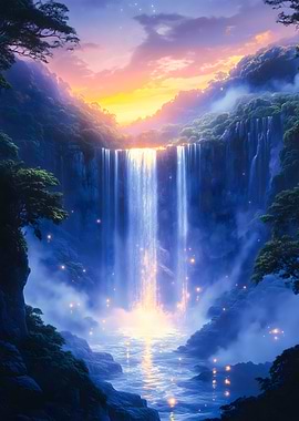 Magical Blue Waterfall Sunset
