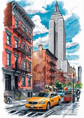 NYC Street Scene with Empire State Building