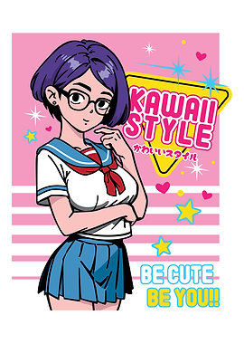 Anime girl poster with kawaii cute on y2k, cyberpunk, future, virtual reality, retro futuristic style. Tokyo Japan cute anime girl. Anime girl posters graphic y2k illustration