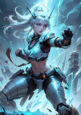 Epic Female Cyborg Mech Fighter with Lightning Magic in Action