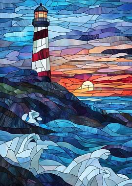 Stained Glass Lighthouse Sunset