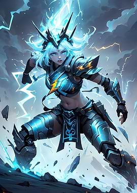 Epic Female Cyborg Mech Fighter with Lightning Magic in Action