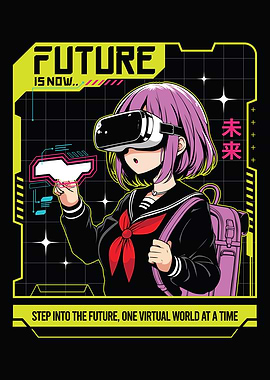 Anime girl poster with kawaii cute on y2k, cyberpunk, future, virtual reality, retro futuristic style. Tokyo Japan cute anime girl. Anime girl posters graphic y2k illustration