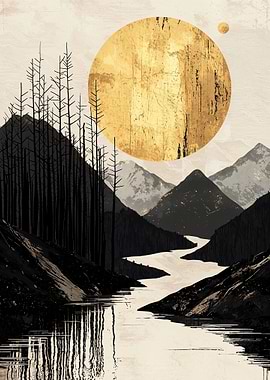 Golden Moon Mountain Landscape
