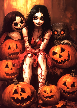 Halloween Girl with Pumpkins