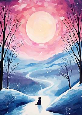 Snowy Landscape with Cat