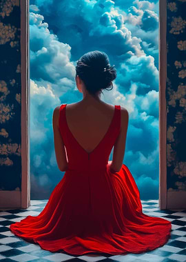 Woman in Red Dress Gazing at Clouds