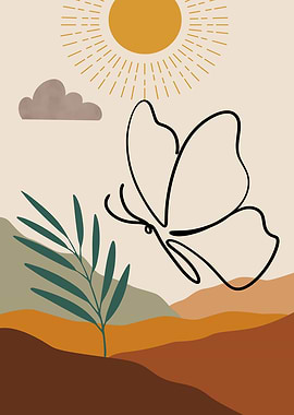 Butterfly and Sun Boho Art Style