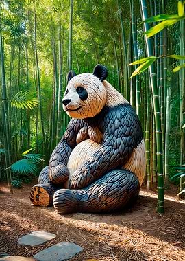 Panda Sculpture in Bamboo Forest
