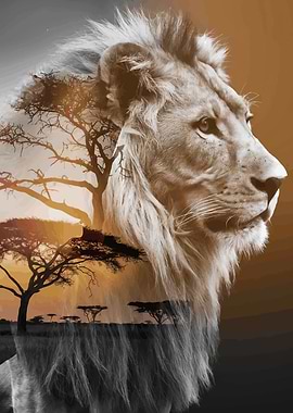 Lion with Sunset Silhouette
