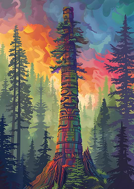 Totem Pole in Forest