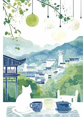 Cat with Tea and Mountain View