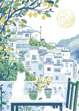 Cat on Balcony with Village View