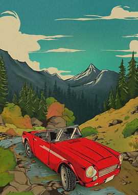 Datsun Red Convertible in Mountains