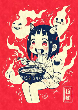 Demon Girl Eating Ramen with Ghosts