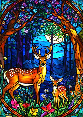 Stained Glass Deer in Forest