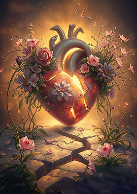 Broken Heart with Flowers