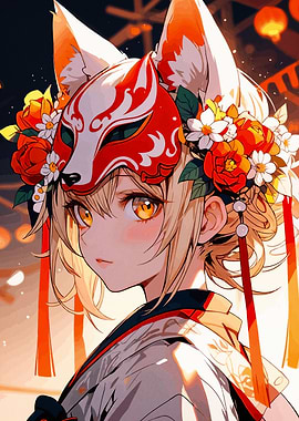 Anime Girl with Fox Mask