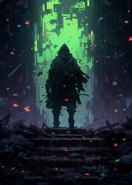 Hooded Figure in Cyberpunk City