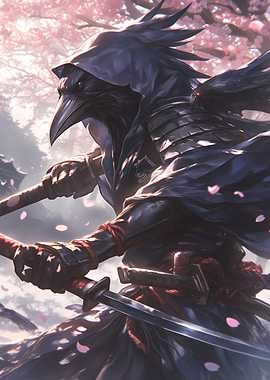 Raven Samurai Warrior Cherry Blossoms