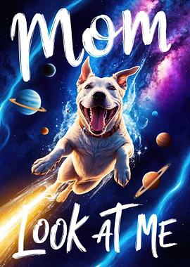 'Mom look at me' an adorable beagle leaps through space and stars in a vibrant cosmic adventure, Poster.