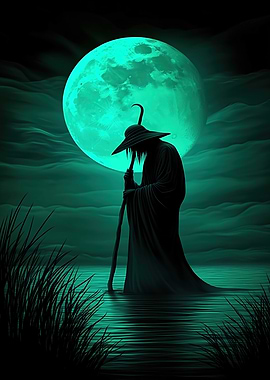 Mystic Wanderer Silhouetted Under the Green Moon