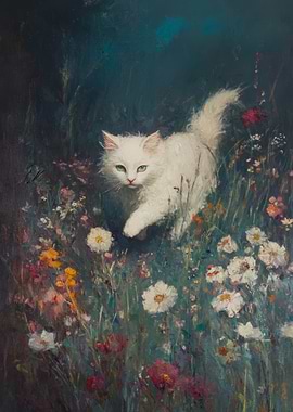 White Cat in Flower Field