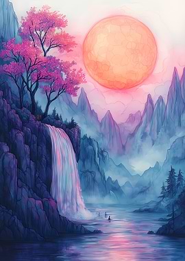 Waterfall and Giant Moon