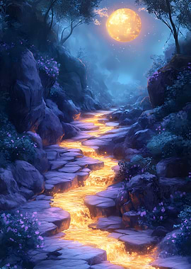 Golden River in Moonlit Valley