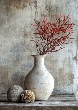 Red Coral Branch in Vase Still Life
