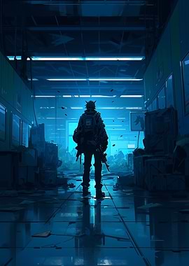 Lone Figure in Blue Hallway