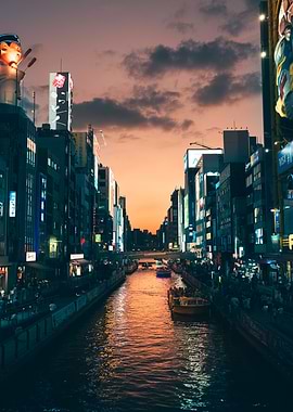 osaka Japanese City Canal at Dusk