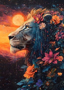 Majestic Lion with Flowers