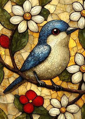 Mosaic Bird on Branch
