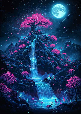 Night Waterfall with Cherry Blossoms