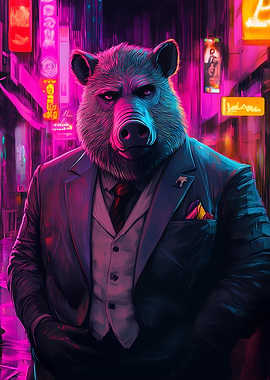 Wild Boar in Suit Neon City