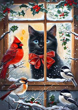 Black Cat & Birds Winter Window