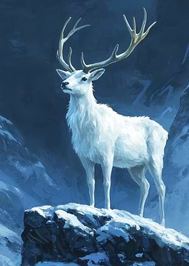 White Stag in Snowy Mountains