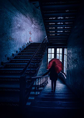 Woman with Red Umbrella on Stairs