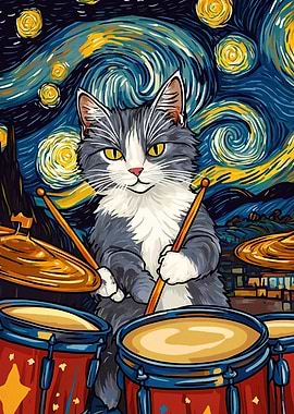 Cat Drummer Starry Night
