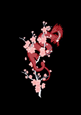 Red Japanese Dragon With Cherry Blossom Brench
