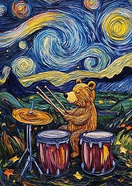 Bear Drumming Under Starry Night