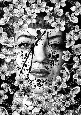 Black and White Portrait with Flowers