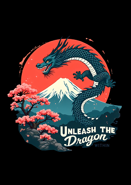 Japanese Dragon at Mount Fuji with Cherry Blossom Tree