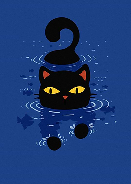 Paws in Water - Black Cat in Water