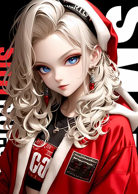 Anime Girl in Red Santa Jacket