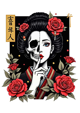 Geisha Skull & Roses skeleton