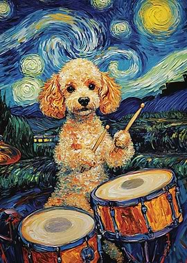Dog Drummer Starry Night