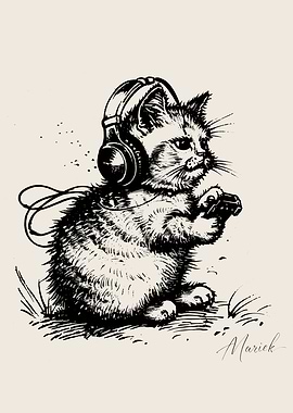 Gamer Cat Illustration Black and White