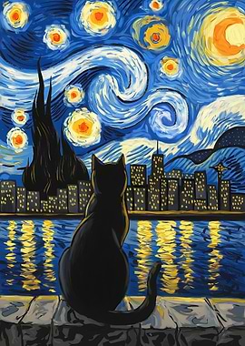 Cat Under Starry Night